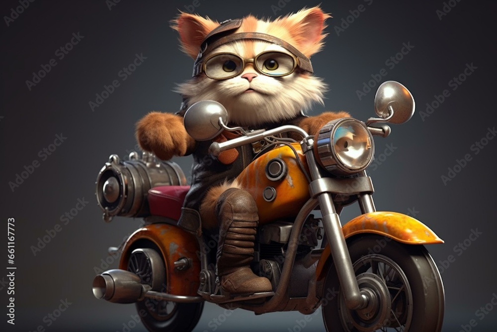 Adorable feline delivers on motorcycle in side view cartoon profile picture. Generative AI
