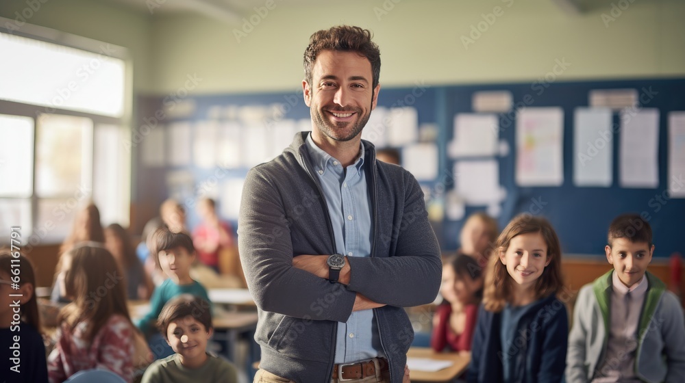 Portrait of smiling male teacher in a class at elementary school looking at camera with learning students on background. Generative AI Portrait of smiling male teacher in a class at elementary school looking at camera with learning students on background. Generative AI