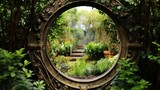 A peek through a keyhole-shaped garden gate.