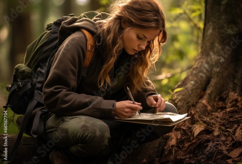 An environmental conservation surveyor in the forest. Woman specialist in field research, showing commitment to nature preservation and sustainability, generative ai photo