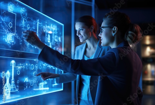 Two business women looking at data in a virtual dashboard screen. Business intelligence analyst dashboard on virtual screen. Generative AI photo