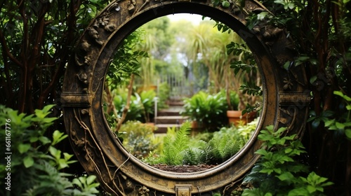 A peek through a keyhole-shaped garden gate. photo
