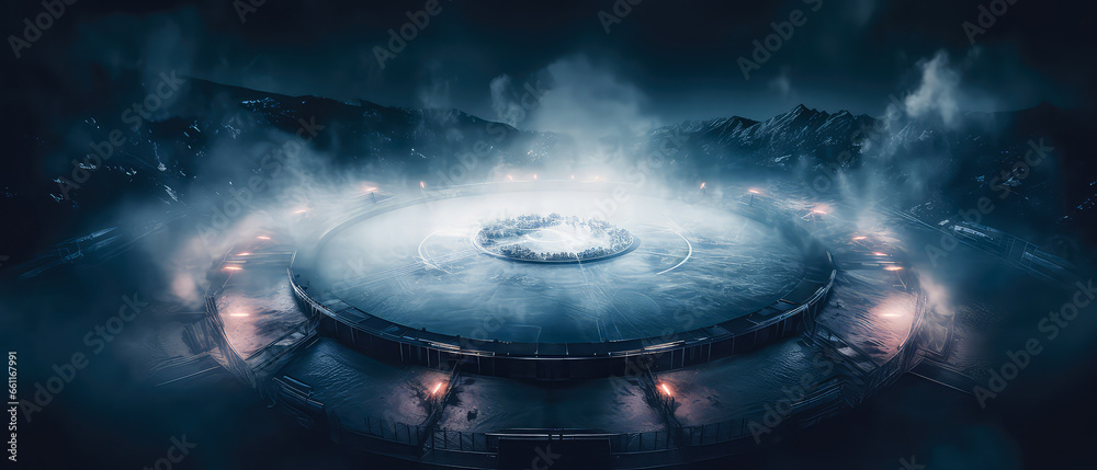 Round futuristic background. Arena stage, platform illuminated with neon lights, spotlights with smoke. Stadium. Top view. Generative AI