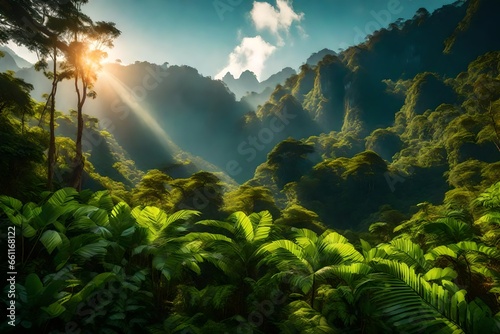 Sunny morning in the mountainous jungle - AI Generative