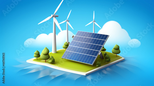 energy transition - symbolic icon with wind turbines for wind power and solar panals for solar enery on a green field 