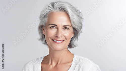 Adult woman with smooth healthy face skin. Beautiful aging mature woman with gray hair and happy smiling touch face. Skin care beauty, skincare cosmetics, advertising concept.