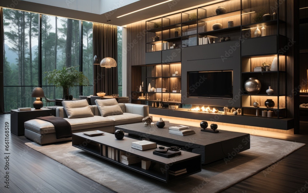 A minimalist dark style with a large area of white space in the large flat living room design