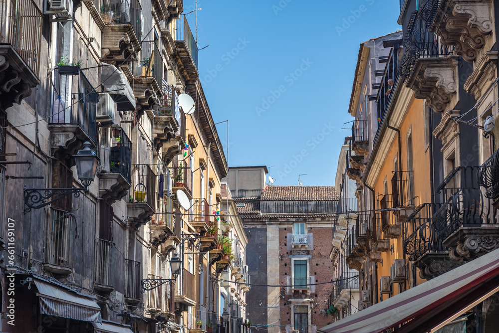 Tenement houses in historic part of Catania city on the island of Sicily, Italy