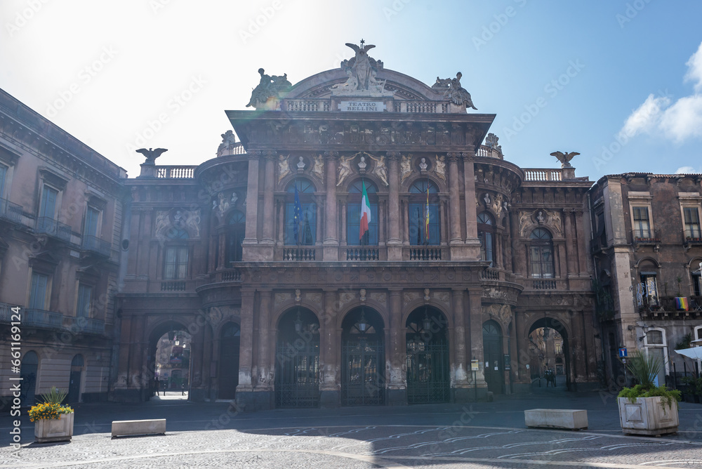 Teatro Massimo Bellini opera house on Vincenzo Bellini Square in historic part of Catania city on the island of Sicily, Italy