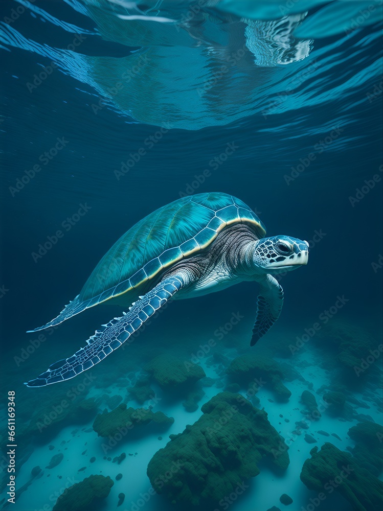 A sea turtle glides gracefully through the clear blue waters of the ocean. Ai Generated A sea turtle glides gracefully through the clear blue waters of the ocean. Ai Generated