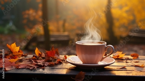 A cup of steaming coffee among fallen yellow leaves.