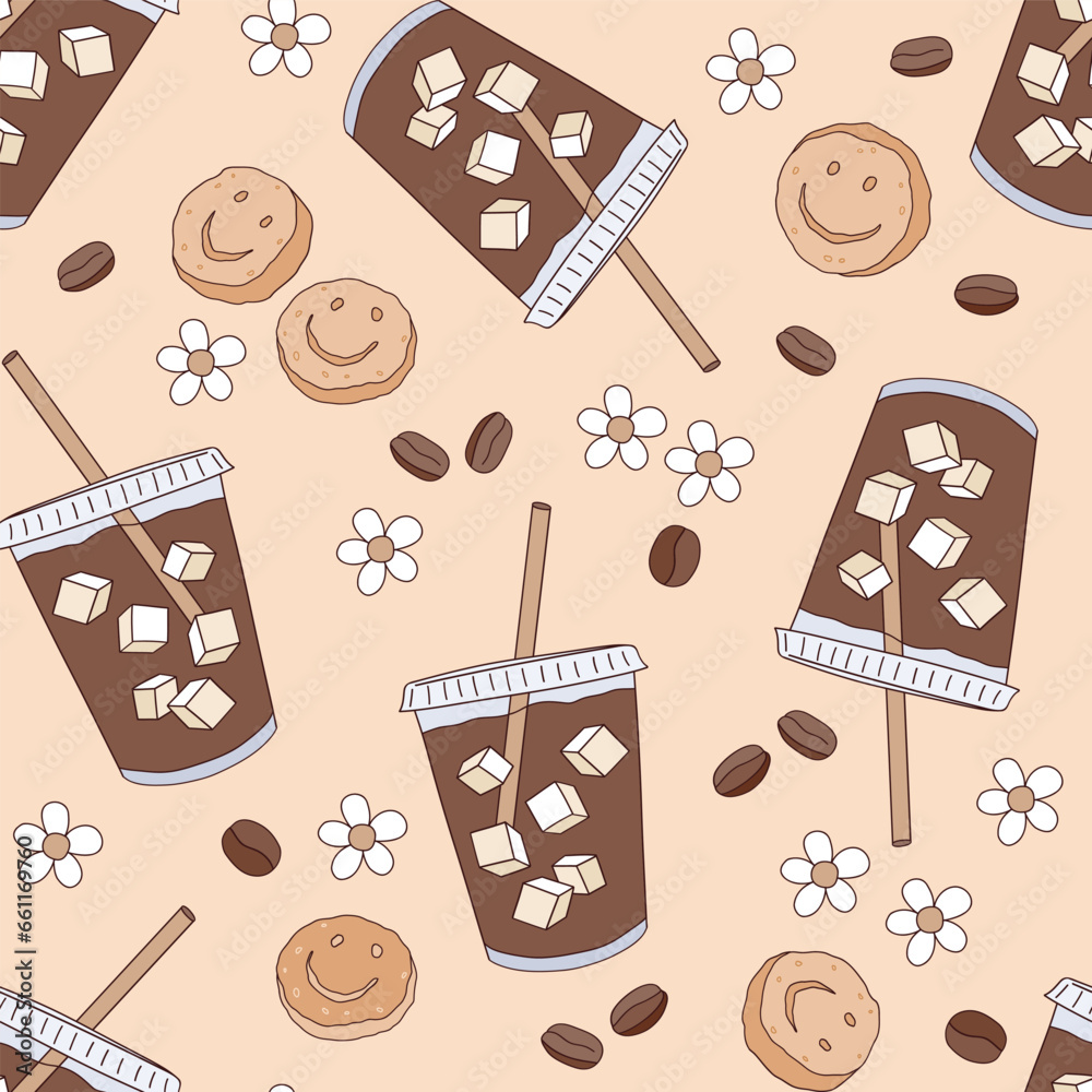 Refreshing iced macchiata in a glass with straw coffee to go vector seamless pattern. Groovy floral coffee background.
