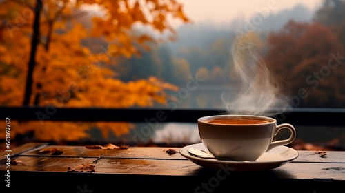 A cup of steaming coffee among fallen yellow leaves.