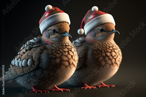 2 turtle doves in mini Santa hats Hyperrealistic cinematic lighting Engine 5 