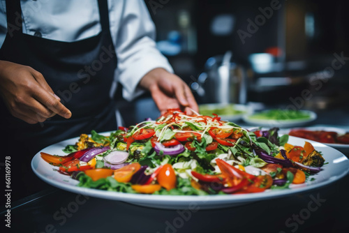 Chef preparing vegetable salad in the kitchen, closeup of hands