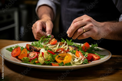 Closeup on the hands of a professional chef garnishing vegetable salad with cherry tomatoes and arugula