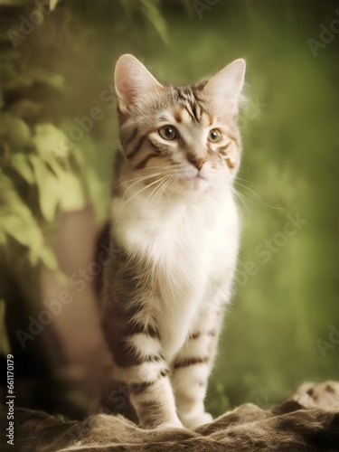 Cat vintage picture in beige tones. Vintage animal. Ai Generated © Alena Girya