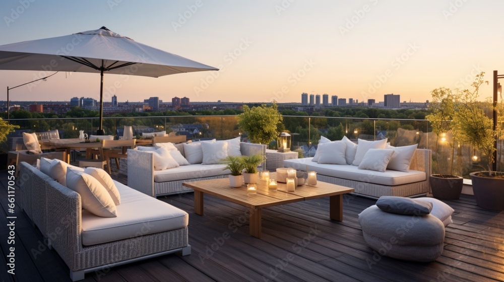 A rooftop terrace furnished with modern outdoor furniture.