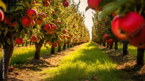 A row of apple trees in a well-maintained orchard photo