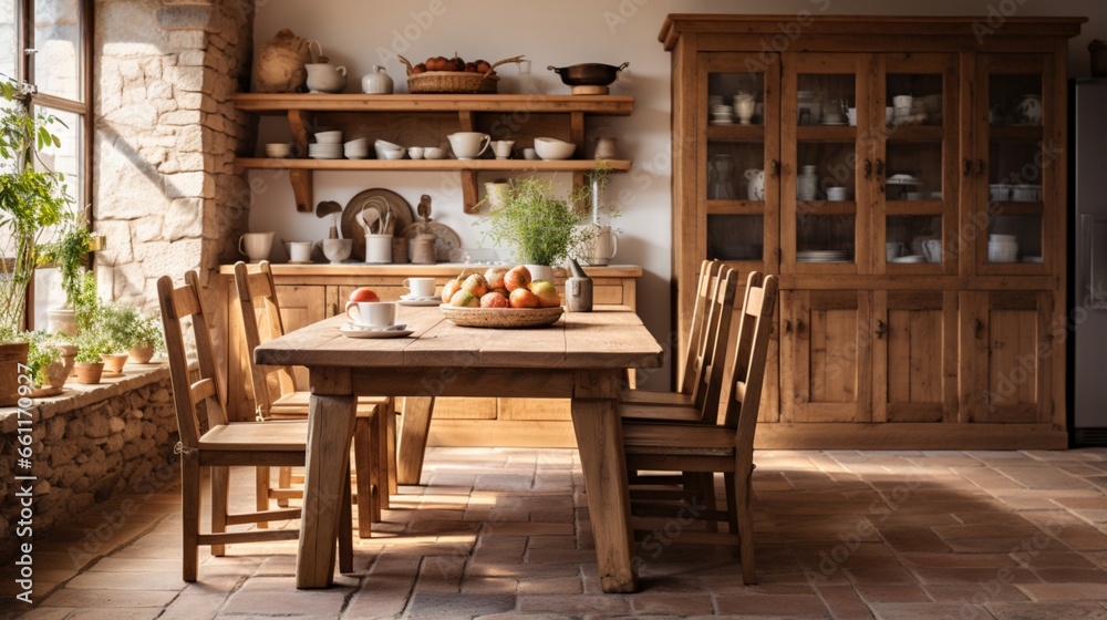 A rustic kitchen featuring a wooden dining table and chairs.