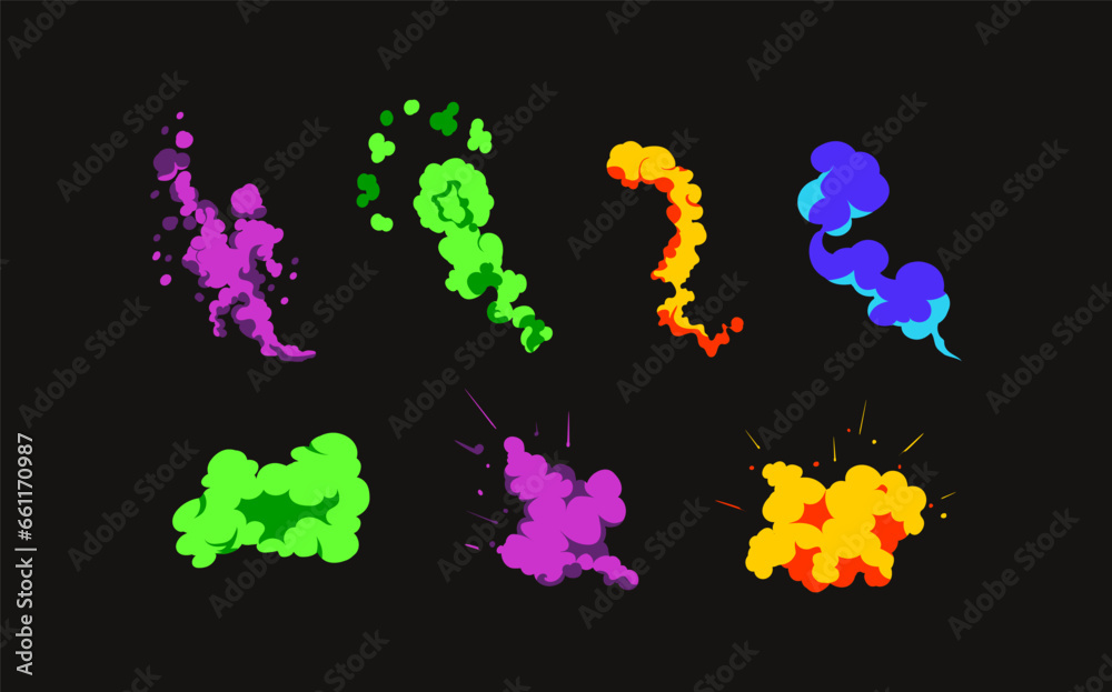Smoke explosion animation of an explosion with comic flying clouds. Set of isolated vector illustrations to create an explosion effect. The effect of smoke movement, sparkle and dynamic boom.