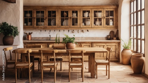 A rustic kitchen featuring a wooden dining table and chairs.