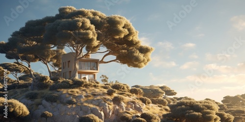  tree house, Luxurious Retreat: A Close-Up of a House Perched Atop a Majestic Tree