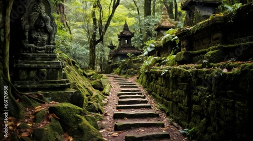 A rustic stone pathway leading to a hidden Buddha shrine in the mountains.