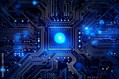 Illustration of a blue circuit board background representing digital technology. Generative AI