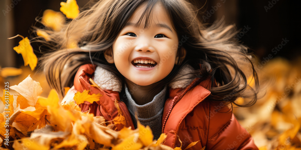 Close-up: Little Asian Girl Playing in a Pile of Fall Leaves