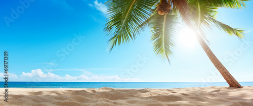 Tropical beach with fine sand  some palms near  calm sea with clear sky above. Empty copy space template for vacation or holiday product. Generative AI