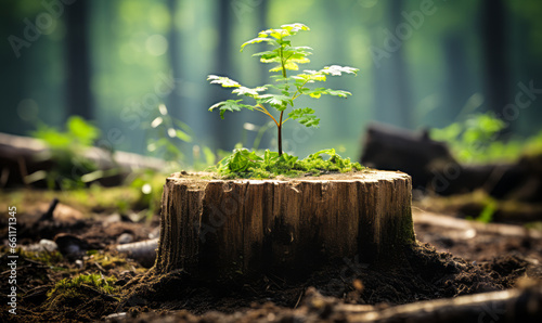 A New Beginning: Young Tree Emerges from Old Tree Stump