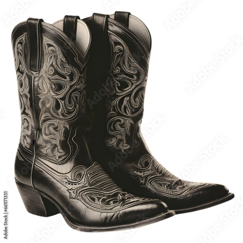 Vintage black cowgirl boots illustration art with transparent background generative AI.
