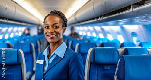 African American woman working as flight attendant. Female airplane stewardess with blurred seats in aisle background. Generative AI photo