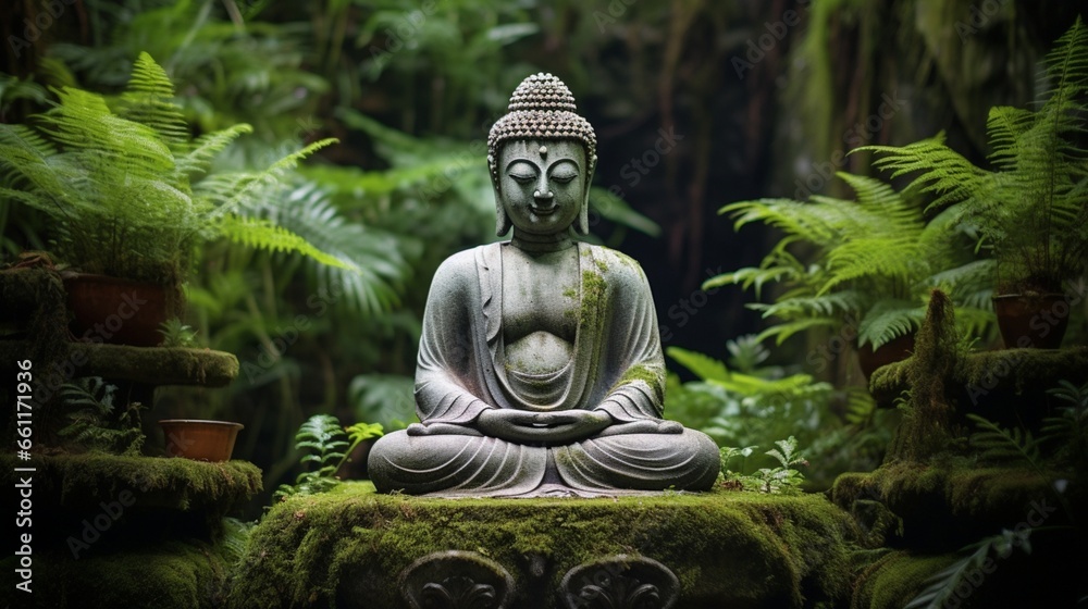 A serene Buddha statue amidst a lush green garden, radiating tranquility.