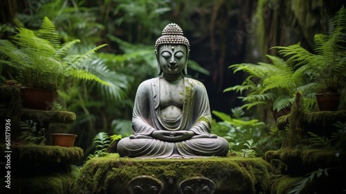 A serene Buddha statue amidst a lush green garden  radiating tranquility.