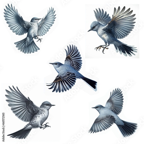 A set of male and female Gray Kingbirds flying isolated on a white background