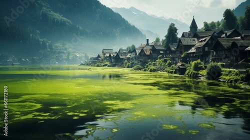 A serene lakeside town with algae blooms caused by water pollution. © Bea