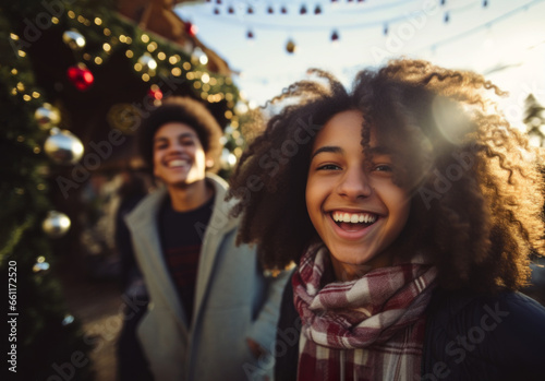 AI generated image of trendy teenager friends outdoors celebrating Christmas party in the city photo