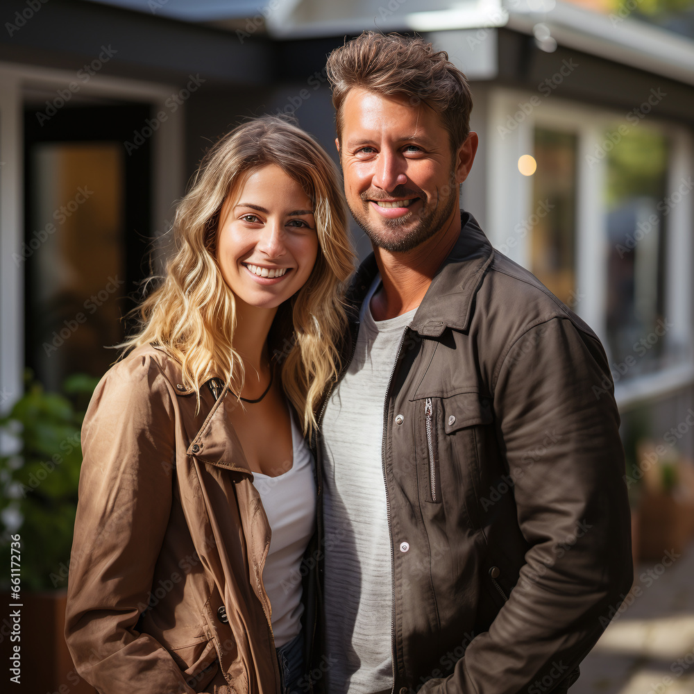 couple holding each other in arms in front of a house, smiling
couple holding each other in arms in front of a house, smiling