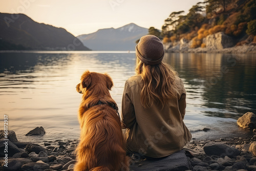Generative AI illustration of back view of unrecognizable female tourist sitting on the floor looking at the lake with cute calm dog photo