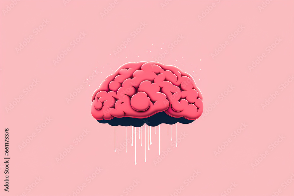 Creative generative AI illustration of brain with liquid dropping against pink background Creative generative AI illustration of brain with liquid dropping against pink background