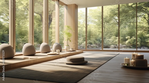 A serene meditation room featuring floor-to-ceiling windows and tranquil decor.