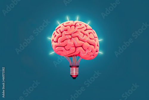 Creative generative AI illustration of brain in light bulb shape with concept of idea or brainstorm against blue background photo