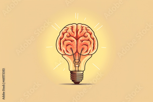 Creative generative AI illustration of brain inside of light bulb with concept of idea or brainstorm against beige background photo