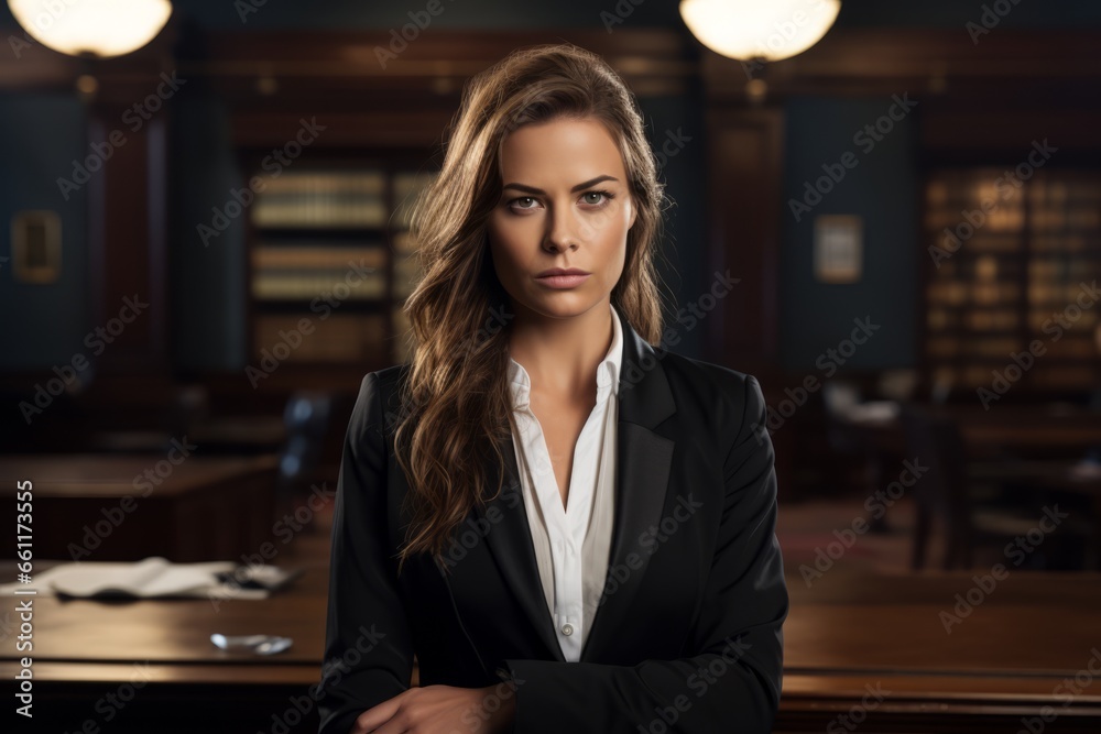 Confident lawyer woman or attorney woman in dark dress in the courtroom, in the court building 