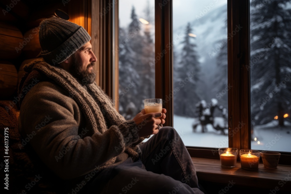 A person enjoys a peaceful winter escape in a cozy cabin, sipping hot tea by the window, with a snowy forest outside providing a picturesque backdrop