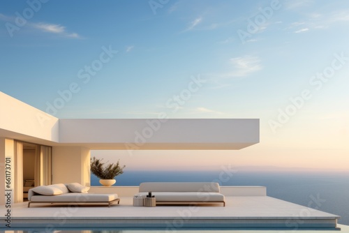 A modern coastal home with a minimalist design  on a cliff overlooking the sea  outdoor lounge and expansive terraces for enjoying the coastal vistas  ideal for background image