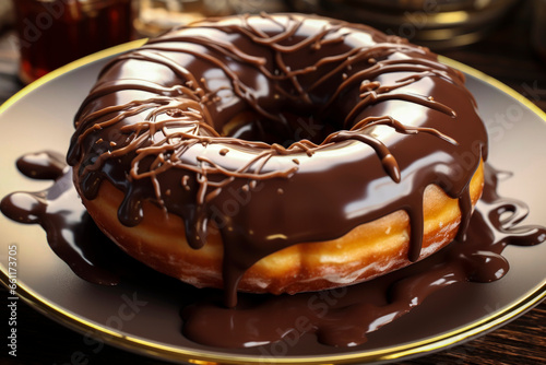 Generative AI illustration of high angle of delicious chocolate donut on plate against blurred background photo