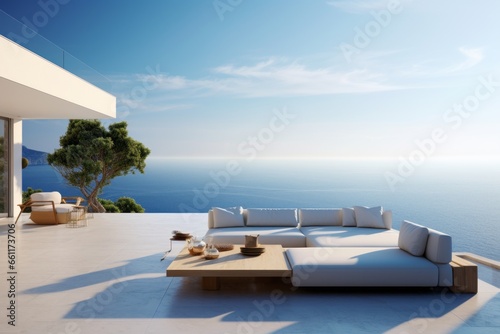 A modern coastal home with a minimalist design, on a cliff overlooking the sea, outdoor lounge and expansive terraces for enjoying the coastal vistas, ideal for background image